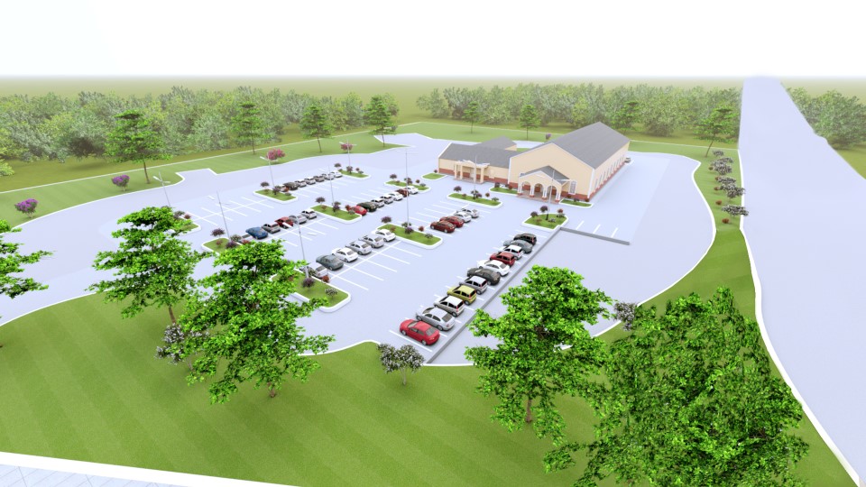 Aerial view: render of building project chapel and parking lot